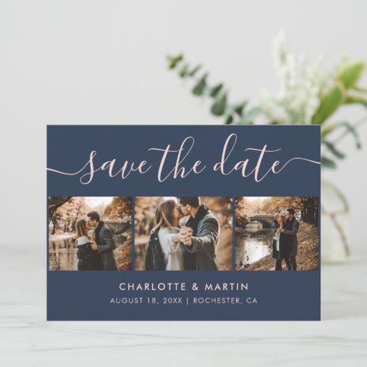 Save The Date Élégant script moderne Marine Blue Blush 4 Photo (Debout devant)