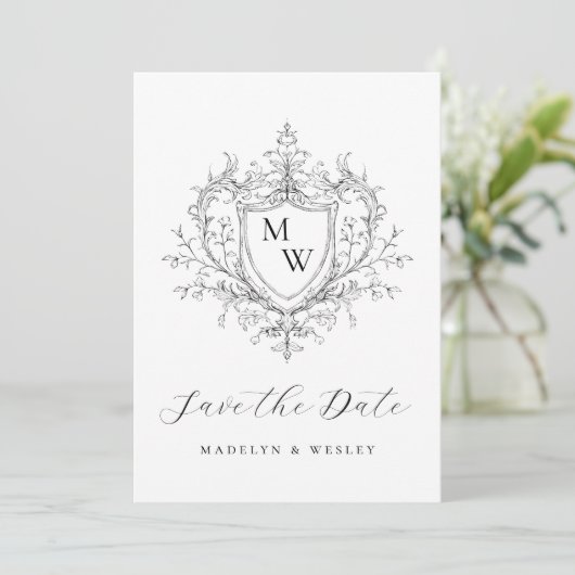 Save The Date Elegant script monogram crest  (Debout devant)