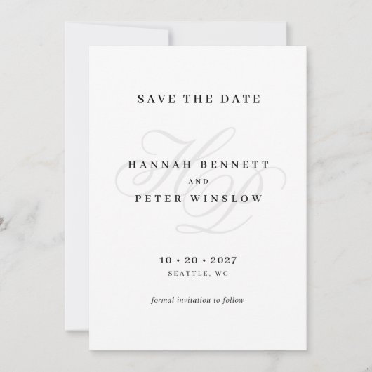 Save The Date Élégant script Monogramme Mariage blanc minimal (Devant)