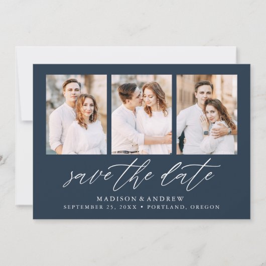 Save The Date Élégant Script Navy 3 Photo Collage (Devant)