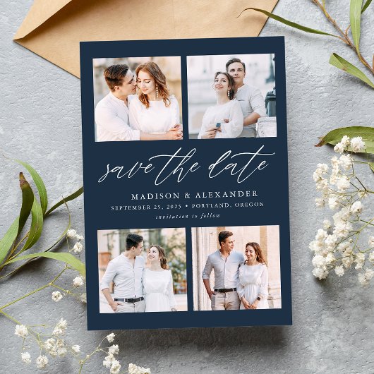 Save The Date Élégant Script Navy 4 Photo Collage