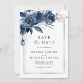 Save The Date Elegant Script Navy Blue Floral Photo Wedding (Devant)