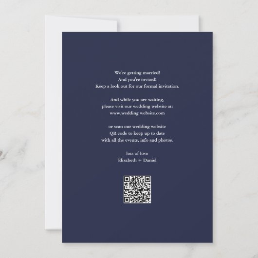 Save The Date Élégant Script Navy Blue QR Code Mariage (Dos)