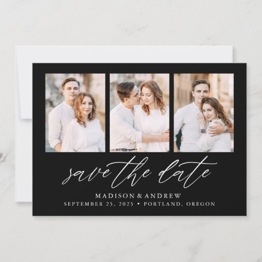 Save The Date Élégant script noir 3 photo Collage (Devant)