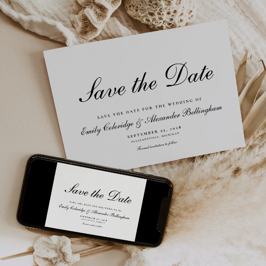 Save The Date Élégant Script Noir Blanc Formel