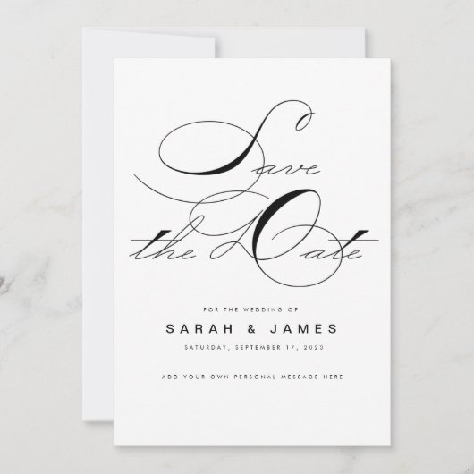 Save The Date Élégant Script Noir Blanc Mariage Enregistrer la d (Devant)