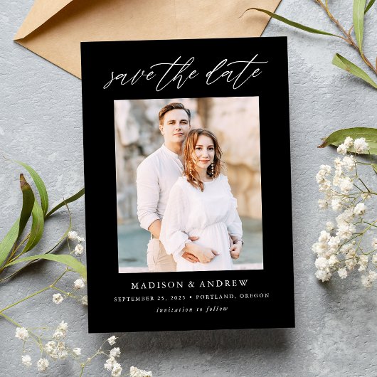 Save The Date Élégant script noir et blanc photo