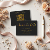 Save The Date Élégant script noir et or QR Code Mariage