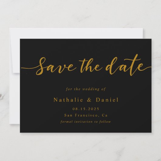 Save The Date Élégant script noir et or QR Code Mariage (Devant)