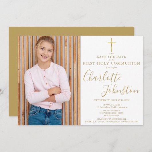 Save The Date Élégant script or Première Sainte Communion Photo (Devant / Derrière)