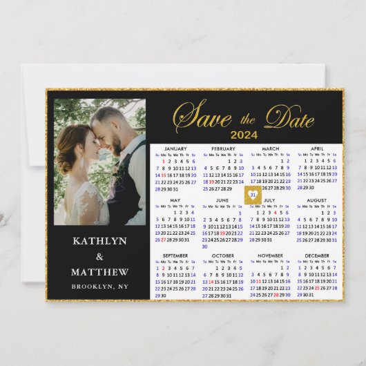 Save The Date Élégant script or sur Black Photo 2024 Calendrier (Devant)