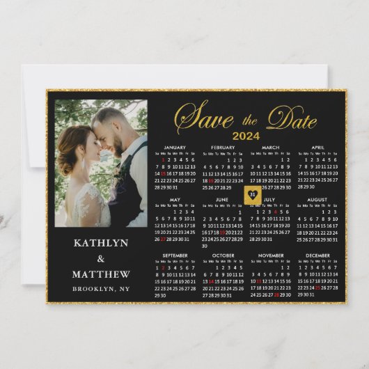 Save The Date Élégant script or sur Black Photo 2024 Calendrier (Devant)