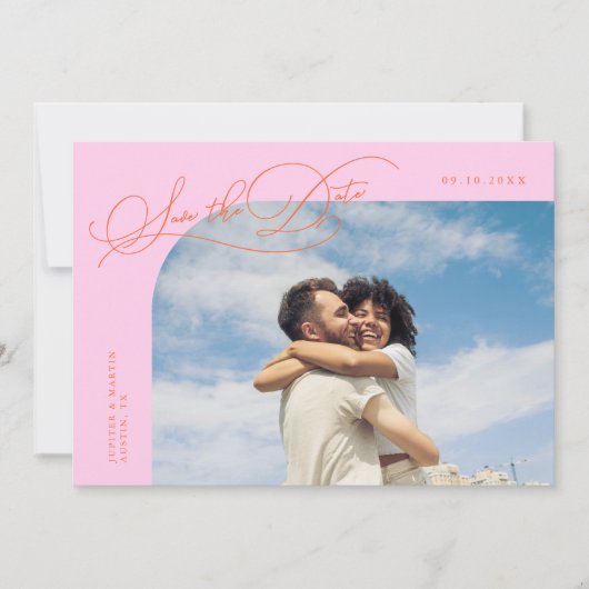 Save The Date Elegant Script Orange Pink Curved Frame Photo (Devant)