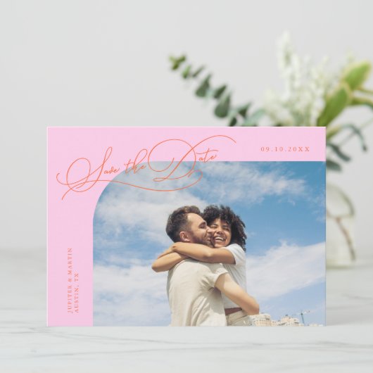 Save The Date Elegant Script Orange Pink Curved Frame Photo (Debout devant)