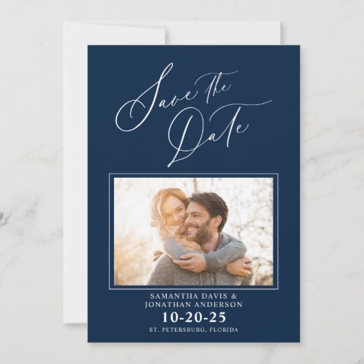 Save The Date Élégant Script Photo Blue Wedding Enregistrer La D (Devant)