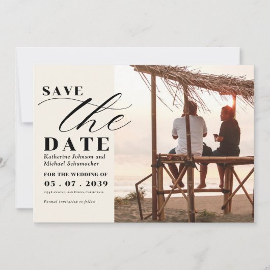 Save The Date Elégant script photo calligraphie & QR Code Mariag (Devant)