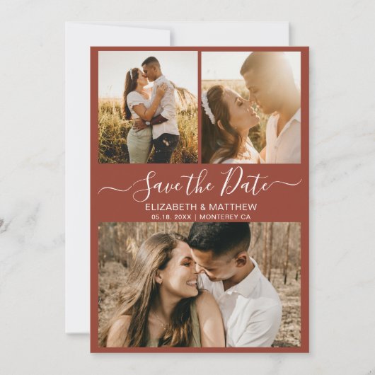Save The Date Élégant Script Photo Collage Mariage en terre cuit (Devant)
