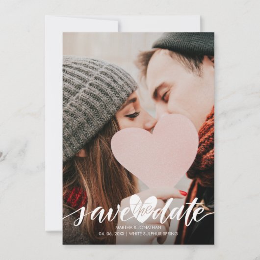 Save The Date Élégant Script Photo Mariage Heart Confetti (Devant)