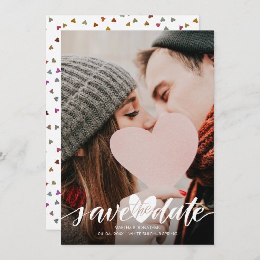 Save The Date Élégant Script Photo Mariage Heart Confetti (Devant / Derrière)
