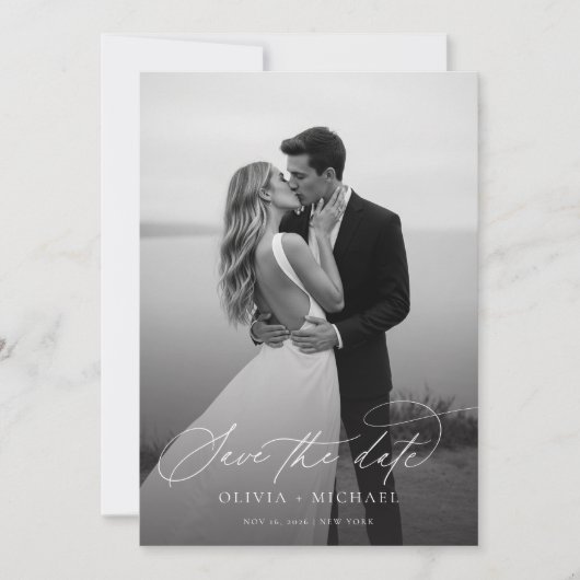 Save The Date Élégant Script photo Mariage moderne (Devant)