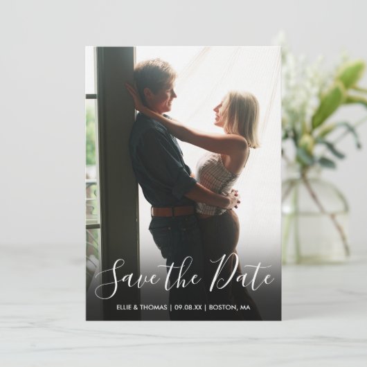 Save The Date Élégant script photo QR Code Mariage (Debout devant)