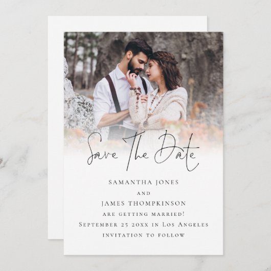 Save The Date Élégant script photo superposition Mariage de code (Devant / Derrière)
