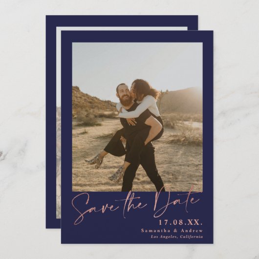 Save The Date Élégant script rose or 2 photos enregistrer la dat (Devant / Derrière)