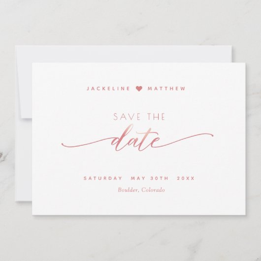Save The Date Élégant script, rose pâle, blanc Mariage simple (Devant)