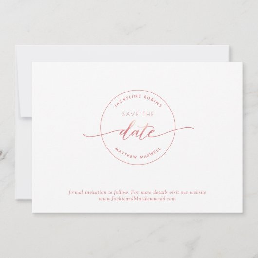 Save The Date Élégant script, rose pâle, blanc Mariage simple (Dos)