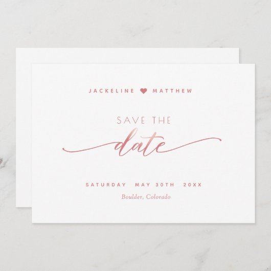 Save The Date Élégant script, rose pâle, blanc Mariage simple (Devant / Derrière)