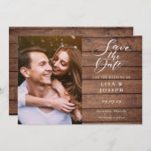 Save The Date Élégant Script Rustique Mariage photo en bois (Devant / Derrière)