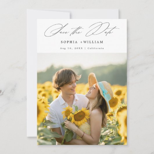 Save The Date Élégant Script Rustique Tournesol Photo Boho Maria (Devant)