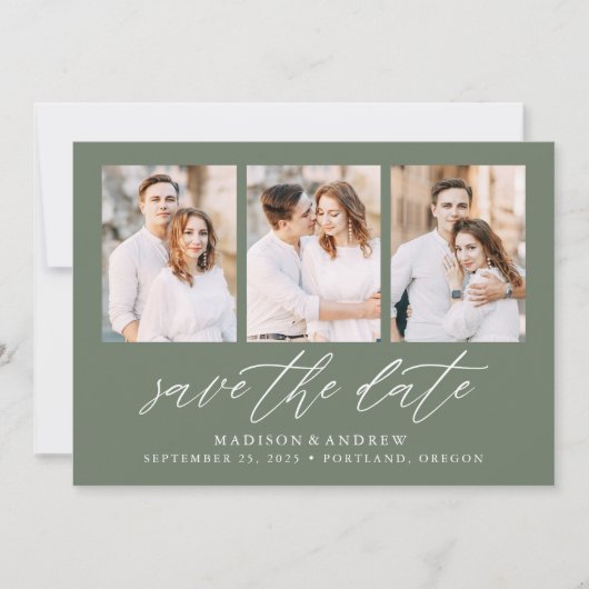 Save The Date Élégant Script Sage Green 3 Photo Collage (Devant)