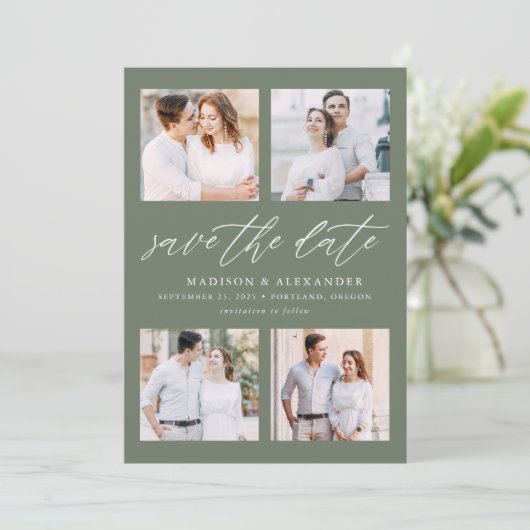 Save The Date Élégant Script Sage Green 4 Photo Collage (Debout devant)