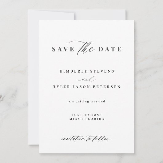 Save The Date Élégant script simple mariage noir et blanc (Devant)