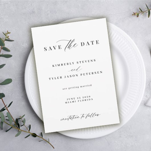 Save The Date Élégant script simple mariage noir et blanc