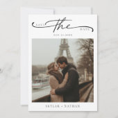 Save The Date Élégant Script Tour Eiffel Mariage photo romantiqu (Devant)