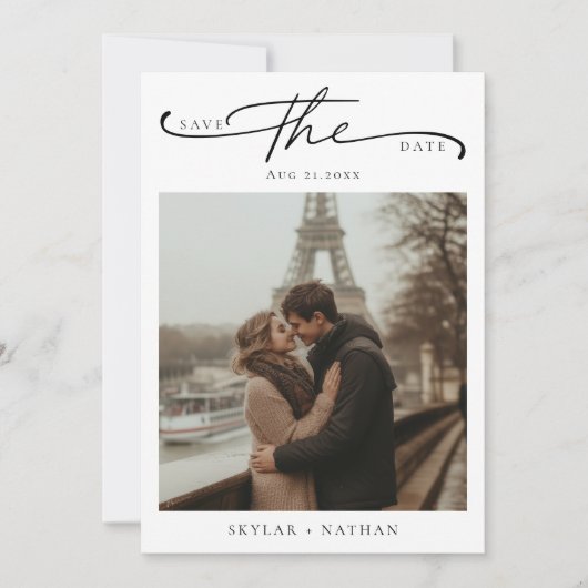 Save The Date Élégant Script Tour Eiffel Mariage photo romantiqu (Devant)