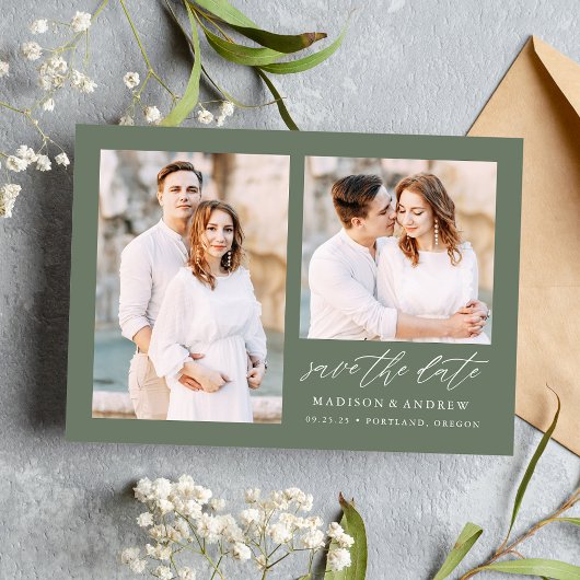 Save The Date Élégant Script Vert Sauge 2 Photo