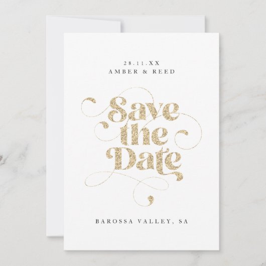 Save The Date Élégant Script Words Gold Faux Parties scintillant (Devant)