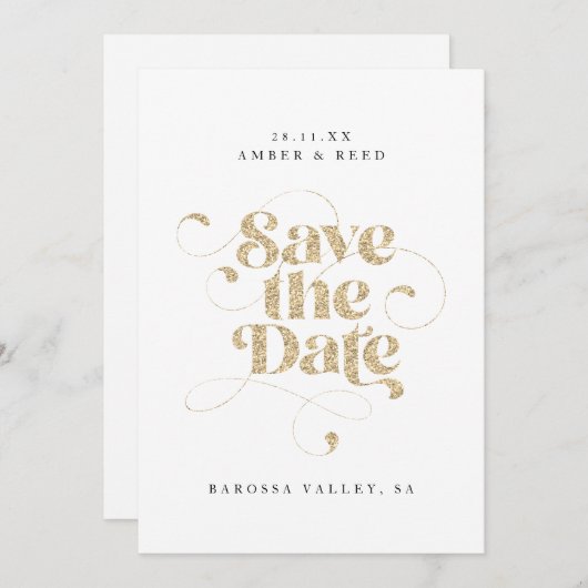 Save The Date Élégant Script Words Gold Faux Parties scintillant (Devant / Derrière)