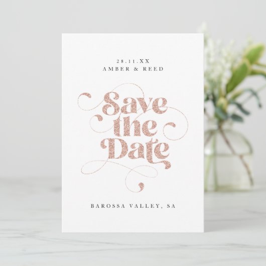 Save The Date Élégant Script Words Rose Gold Faux Parties scinti (Debout devant)
