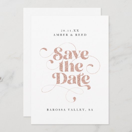 Save The Date Élégant Script Words Rose Gold Faux Parties scinti (Devant / Derrière)