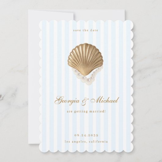 Save The Date Elegant Seashell Gold & Blue Coastal Wedding (Devant)