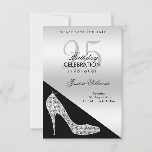 Save The Date Elégant Sequin Stiletto, Argent et Noir Anniversai (Devant)
