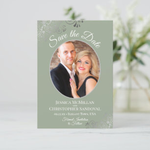 Save The Date Elegant Silver Curls & Photo on Sage Green Wedding