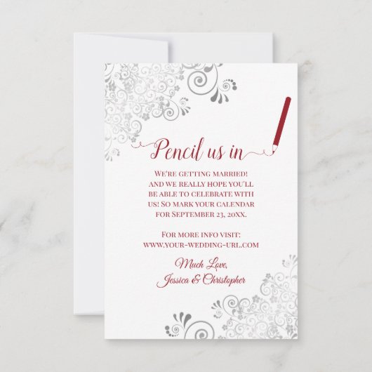 Save The Date Elégant Silver Lace Filigree Rouge sur Mariage bla (Dos)