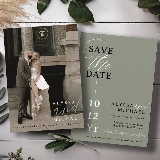 Save The Date Élégant Simple Moderne Vert Sauge Photo Mariage