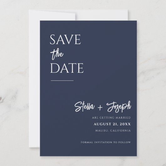 Save The Date Elegant Simple Navy Bleu Moderne Chic Mariage phot (Devant)