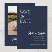 Save The Date Elegant Simple Navy Bleu Moderne Chic Mariage phot (Devant / Derrière)
